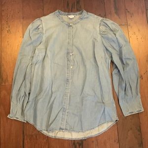 Express Portofino Denim Long Sleeve Collarless Button Down Blouse Size L/ Slim
